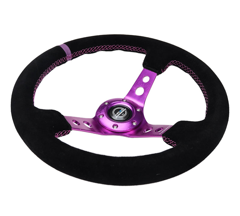 Load image into Gallery viewer, NRG Reinforced Steering Wheel (350mm / 3in. Deep) Black Suede w/Purple Center &amp; Purple Stitching
