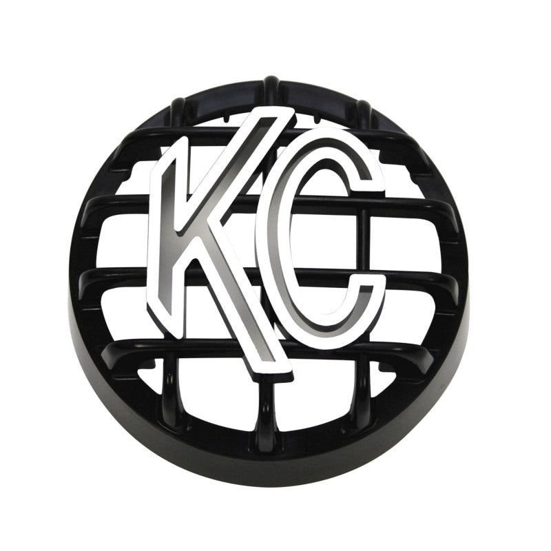 Load image into Gallery viewer, KC HiLiTES 4in. Round ABS Stone Guard for Rally 400 (Single) - Black w/White KC Logo
