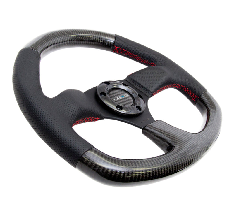 Load image into Gallery viewer, NRG Carbon Fiber Steering Wheel (320mm) Flat Bottom &amp; Leather Trim w/Red Stitching
