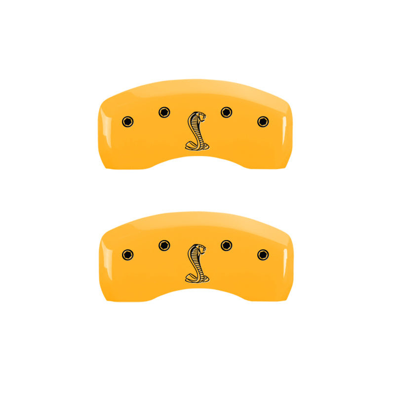 Load image into Gallery viewer, MGP 4 Caliper Covers Engraved Front &amp; Rear Tiffany Snake Yellow Finish Black Char 2004 Ford Mustang
