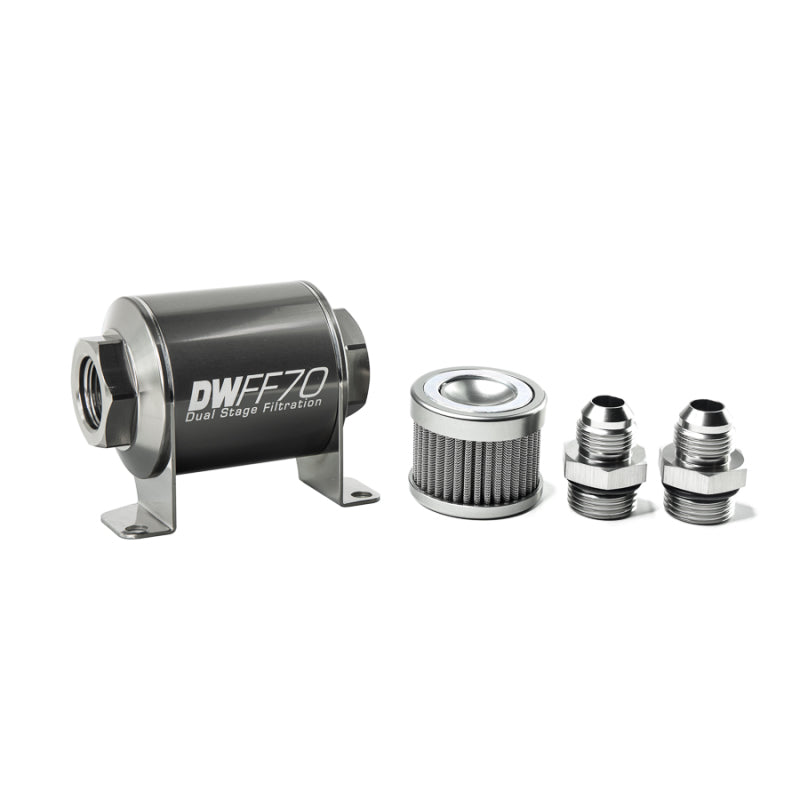Load image into Gallery viewer, DeatschWerks Stainless Steel 8AN 10 Micron Universal Inline Fuel Filter Housing Kit (70mm)
