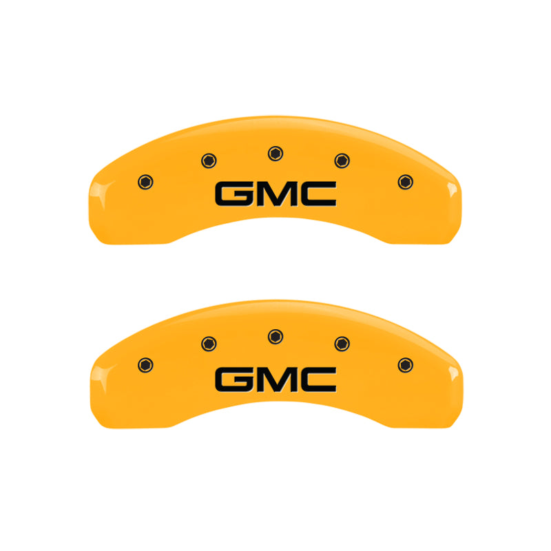 Load image into Gallery viewer, MGP 4 Caliper Covers Engraved Front &amp; Rear GMC Yellow Finish Black Char 2007 GMC Savana 2500
