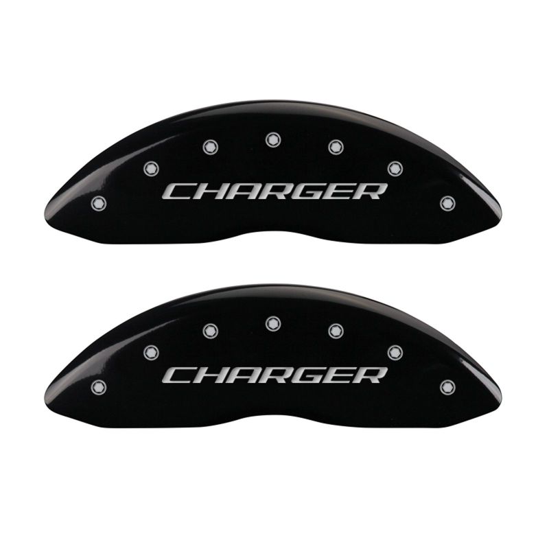 Load image into Gallery viewer, MGP 4 Caliper Covers Engraved Front &amp; Rear Block/Charger Black finish silver ch
