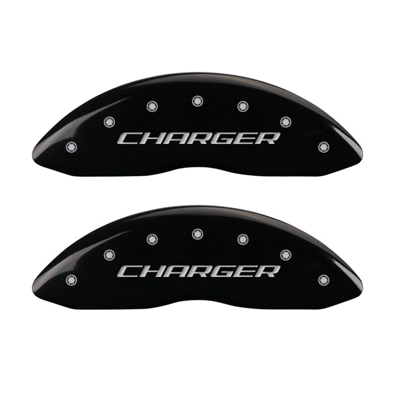 Load image into Gallery viewer, MGP 4 Caliper Covers Engraved Front Charger Engraved Rear RT Black finish silver ch
