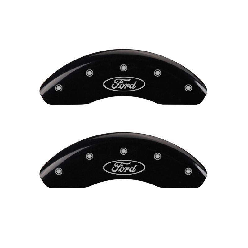 Load image into Gallery viewer, MGP 4 Caliper Covers Engraved Front &amp; Rear Oval logo/Ford Black finish silver ch
