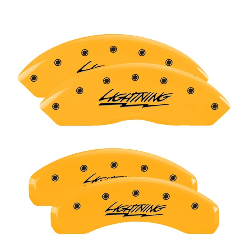 Load image into Gallery viewer, MGP 4 Caliper Covers Engraved Front &amp; Rear Lightning Yellow Finish Black Char 2000 Ford F-150
