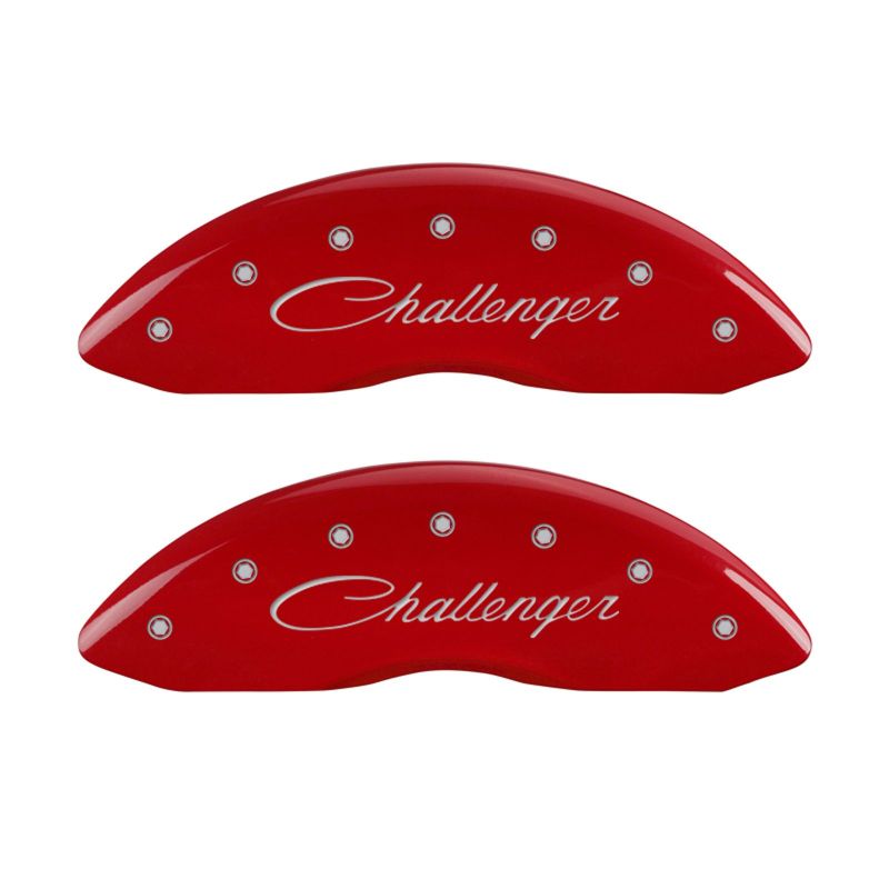 Load image into Gallery viewer, MGP 4 Caliper Covers Engraved Front &amp; Rear Cursive/Challenger Red finish silver ch
