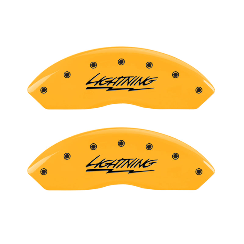 Load image into Gallery viewer, MGP 4 Caliper Covers Engraved Front &amp; Rear Lightning Yellow Finish Black Char 2000 Ford F-150
