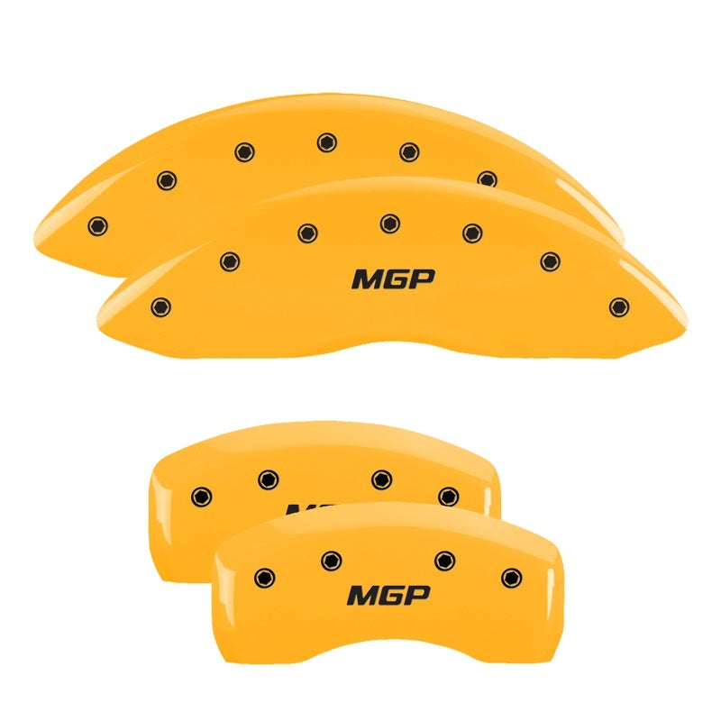 Load image into Gallery viewer, MGP 4 Caliper Covers Engraved Front &amp; Rear Chevy Racing Yellow Power Coat Finish Black Characters
