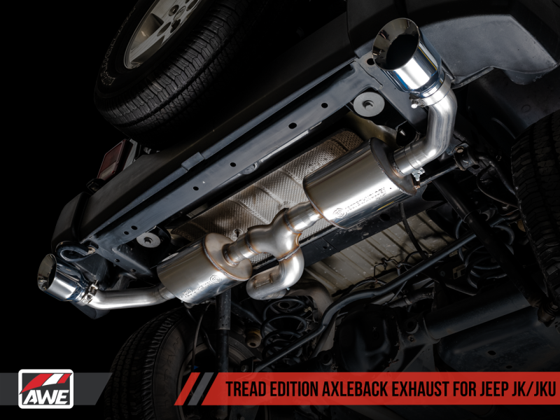 Load image into Gallery viewer, AWE Tuning 07-18 Jeep Wrangler JK/JKU 3.6L Tread Edition Axle-Back Dual Exhaust - Chrome Silver Tips
