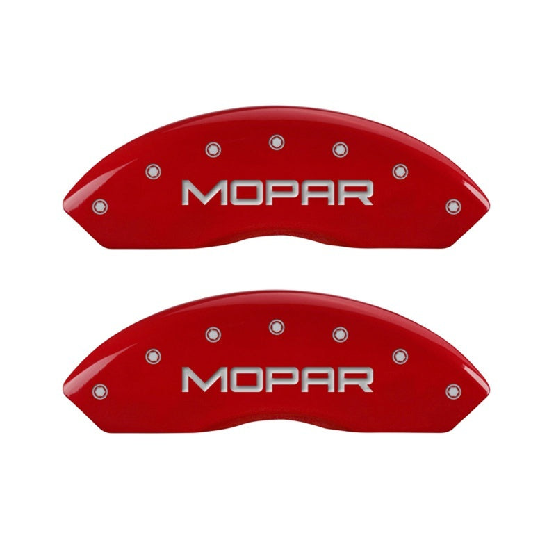 Load image into Gallery viewer, MGP Front set 2 Caliper Covers Engraved Front MOPAR Red finish silver ch
