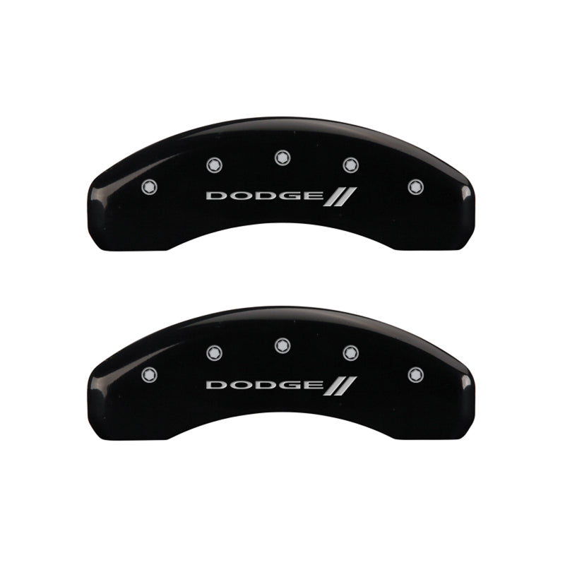 Load image into Gallery viewer, MGP 4 Caliper Covers Engraved Front &amp; Rear With stripes/Dodge Black finish silver ch
