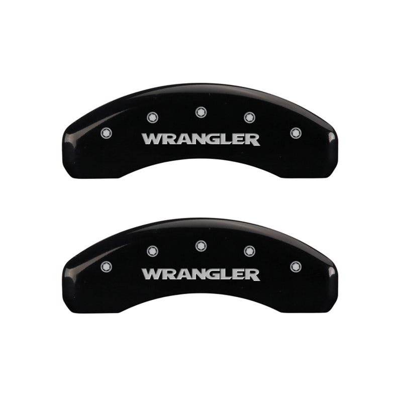 Load image into Gallery viewer, MGP 4 Caliper Covers Engraved Front &amp; Rear WRANGLER Black finish silver ch
