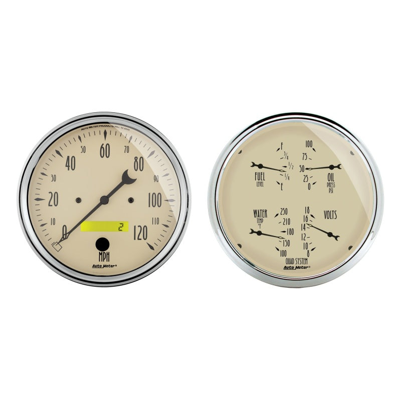 Load image into Gallery viewer, Autometer 5 inch Antique Beige 2 Piece Gauge Kit - Quad &amp; Speedometer
