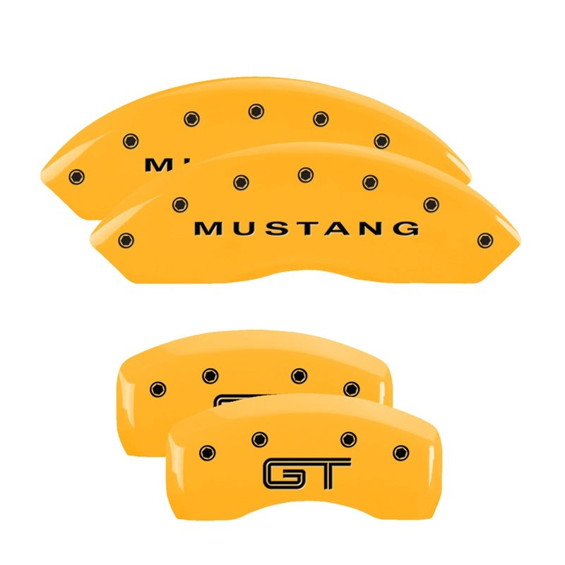 Load image into Gallery viewer, MGP 4 Caliper Covers Engraved Front &amp; Rear Cobra Yellow Finish Black Char 2003 Ford Mustang
