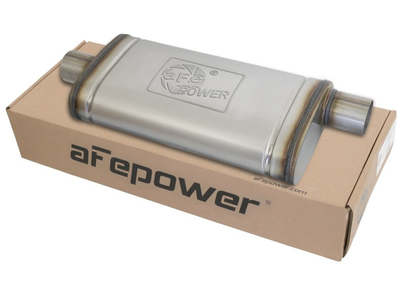 Load image into Gallery viewer, aFe MACHForce XP SS Muffler 2.5in Center Inlet / 2.5in Offset Outlet 18in L x 9in W x4in H Body
