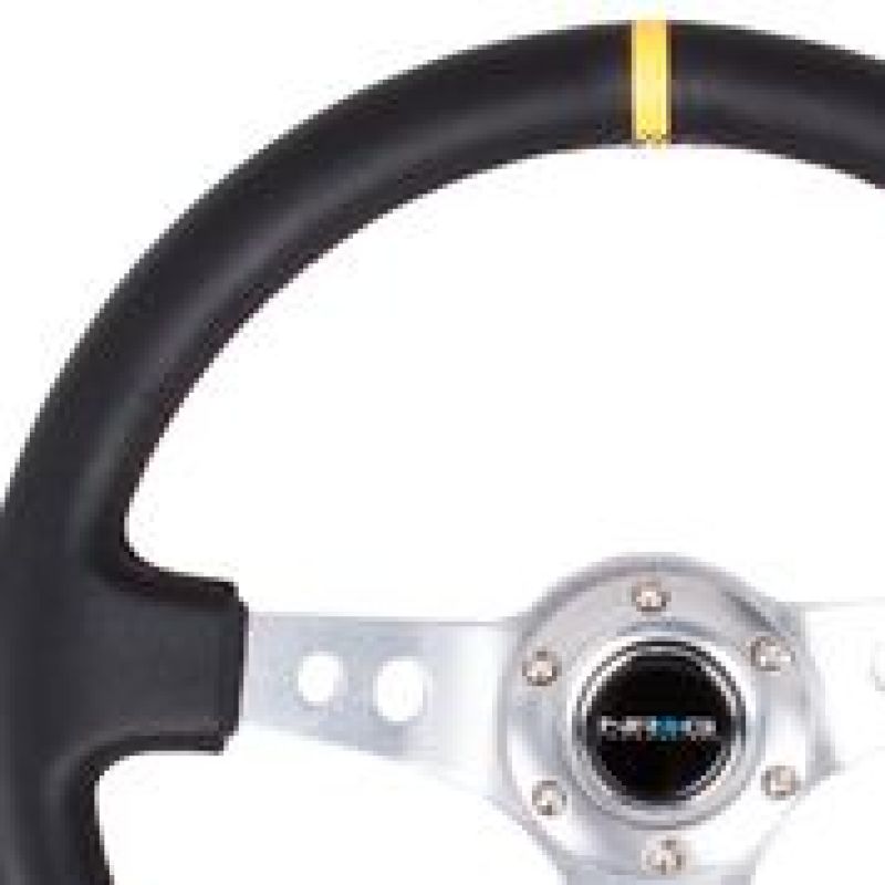 Load image into Gallery viewer, NRG Reinforced Steering Wheel (350mm / 3in. Deep) Blk Leather w/Circle Cut Spokes &amp; Single Yellow CM
