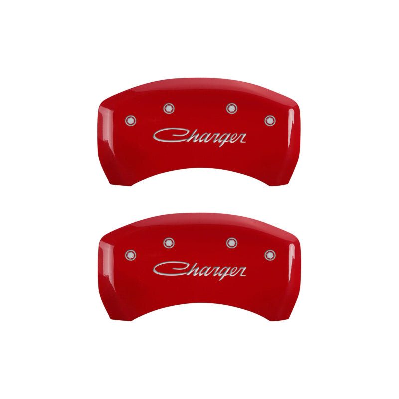 Load image into Gallery viewer, MGP 4 Caliper Covers Engraved Front &amp; Rear Cursive/Charger Red finish silver ch
