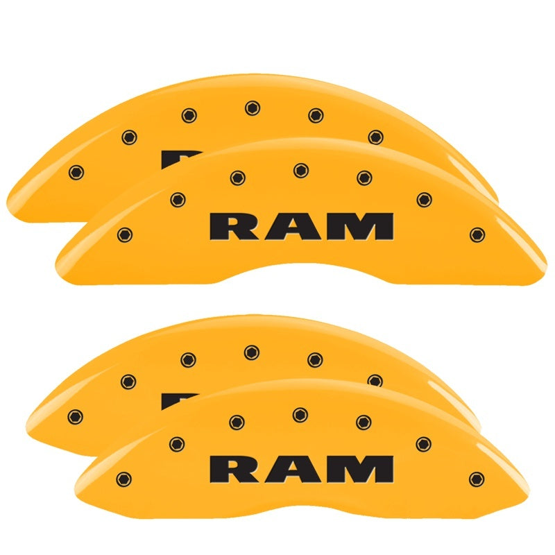 Load image into Gallery viewer, MGP 4 Caliper Covers Engraved Front &amp; Rear RAM Yellow finish black ch
