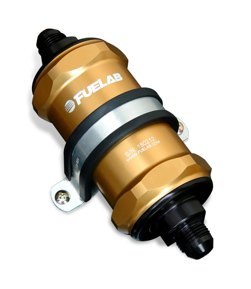 Load image into Gallery viewer, Fuelab 848 In-Line Fuel Filter Standard -8AN In/Out 40 Micron Stainless w/Check Valve - Gold
