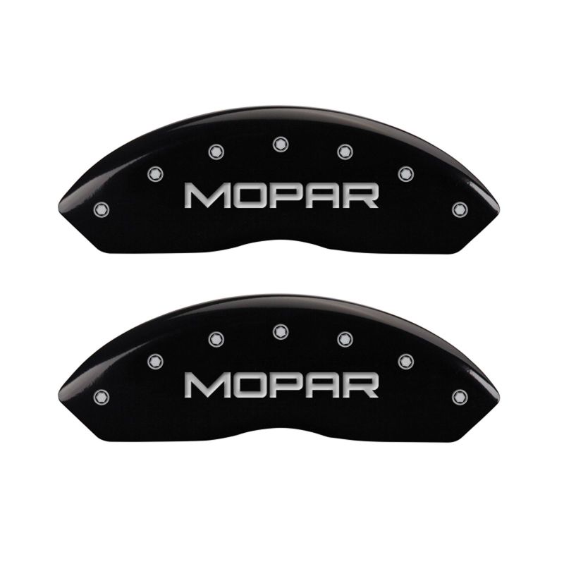 Load image into Gallery viewer, MGP Front set 2 Caliper Covers Engraved Front MOPAR Black finish silver ch
