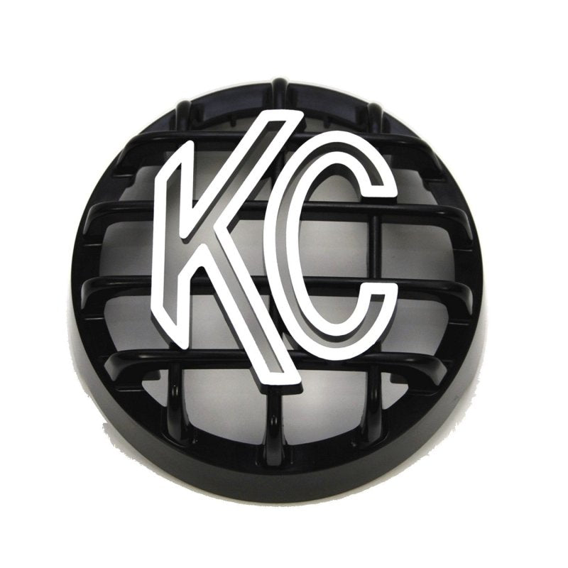 Load image into Gallery viewer, KC HiLiTES 4in. Round ABS Stone Guard for Rally 400 (Single) - Black w/White KC Logo
