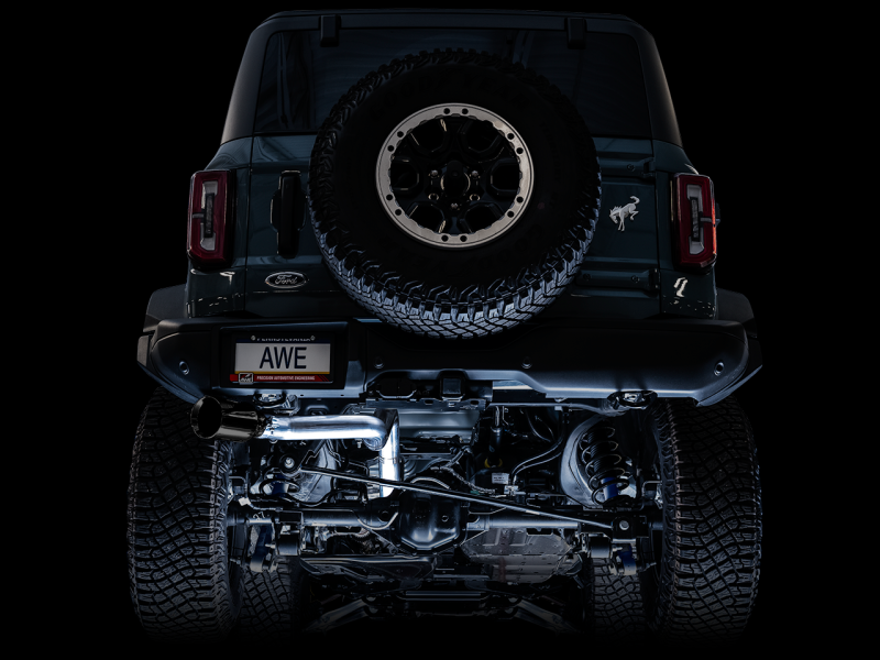 Load image into Gallery viewer, AWE Tuning 2021+ Ford Bronco 0FG Single Rear Exit Exhaust w/Diamond Black Tip &amp; Bash Guard

