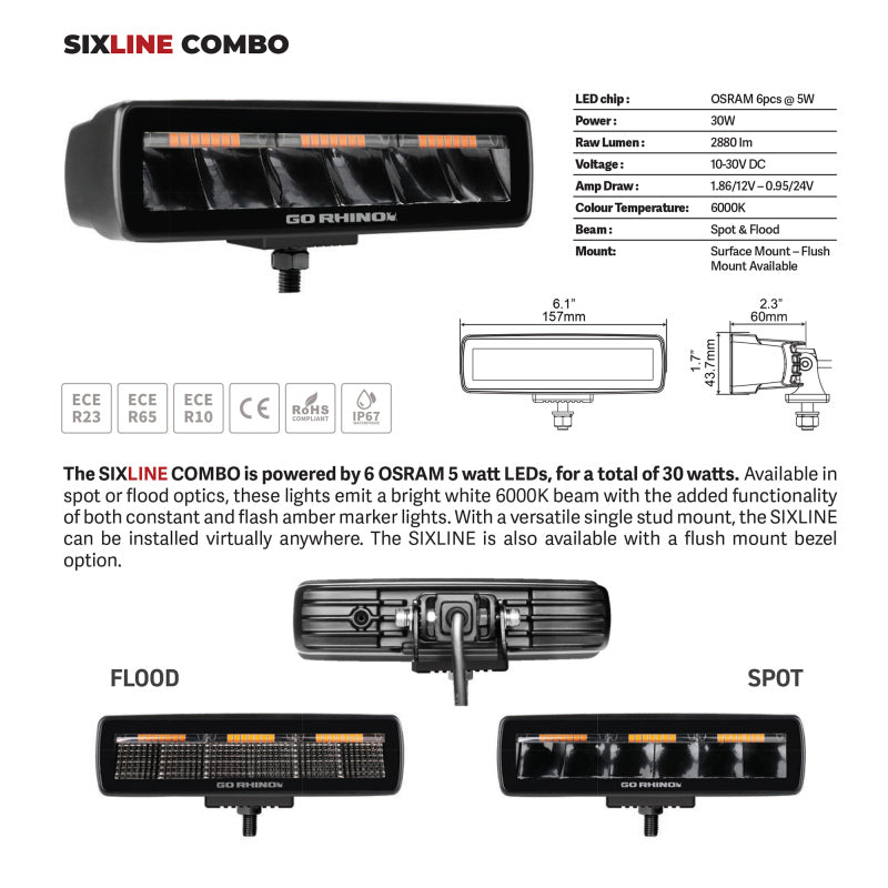 Load image into Gallery viewer, Go Rhino Xplor Blackout Combo Series Sixline LED Flood Lights w/Amber (Surface Mount) - Blk (Pair)
