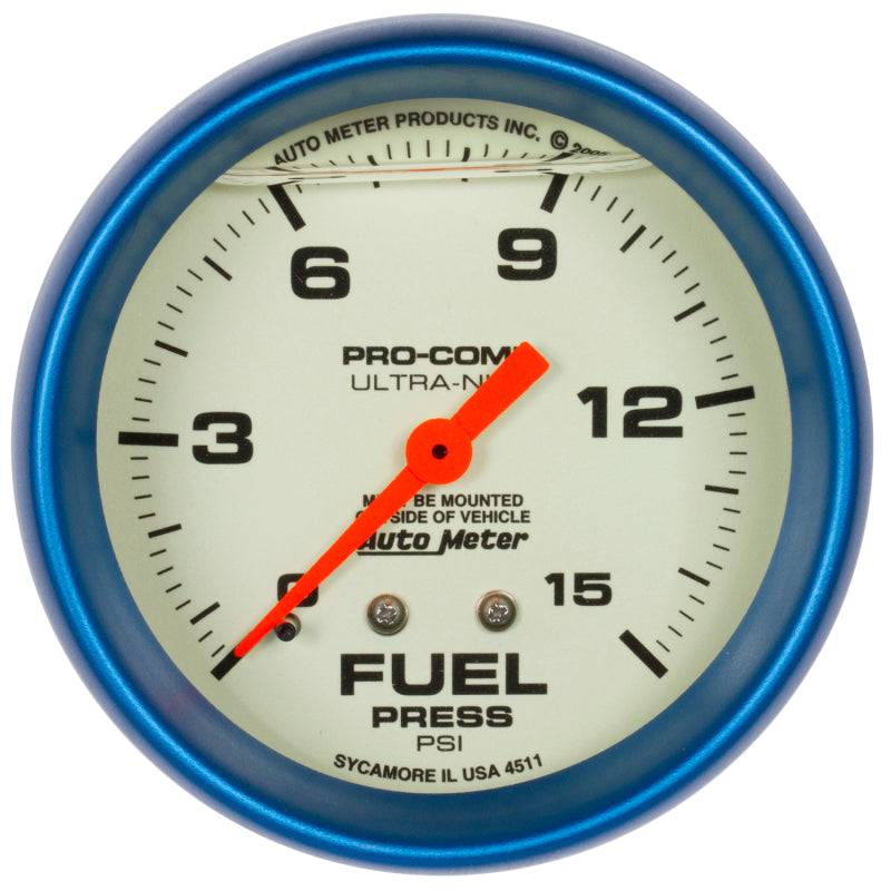 Load image into Gallery viewer, Autometer Ultra-Nite 2-5/8in 15psi Mechanical Glow In The Dark Fuel Pressure Gauge
