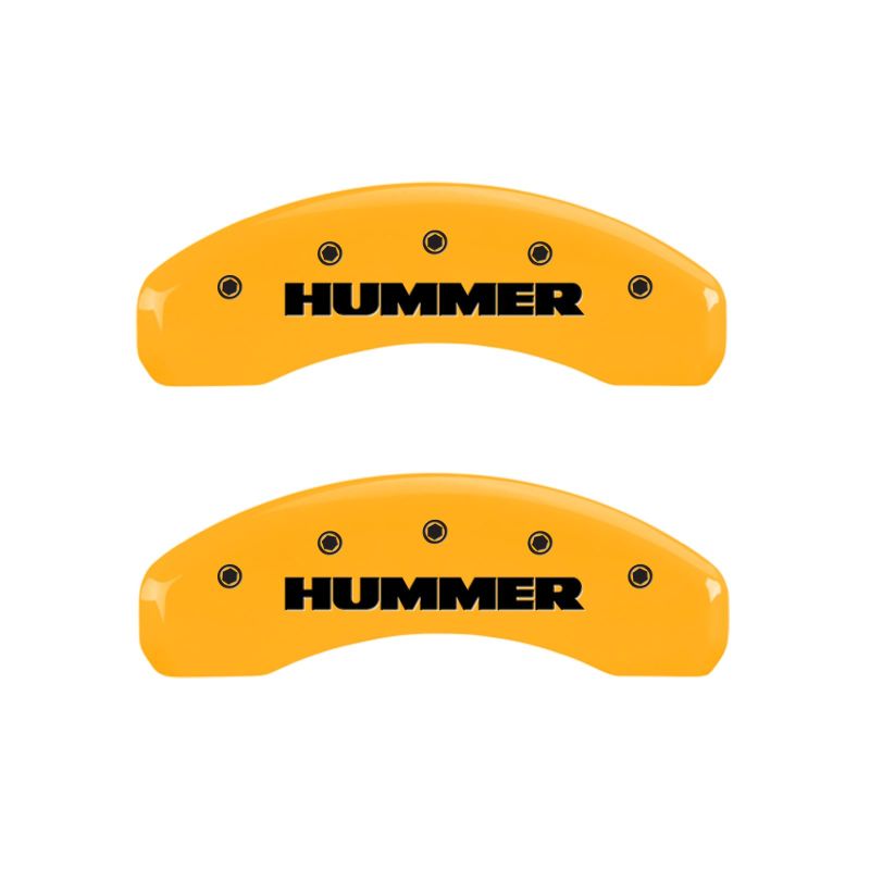 Load image into Gallery viewer, MGP 4 Caliper Covers Engraved Front &amp; Rear Hummer Yellow Finish Black Char 2005 Hummer H2
