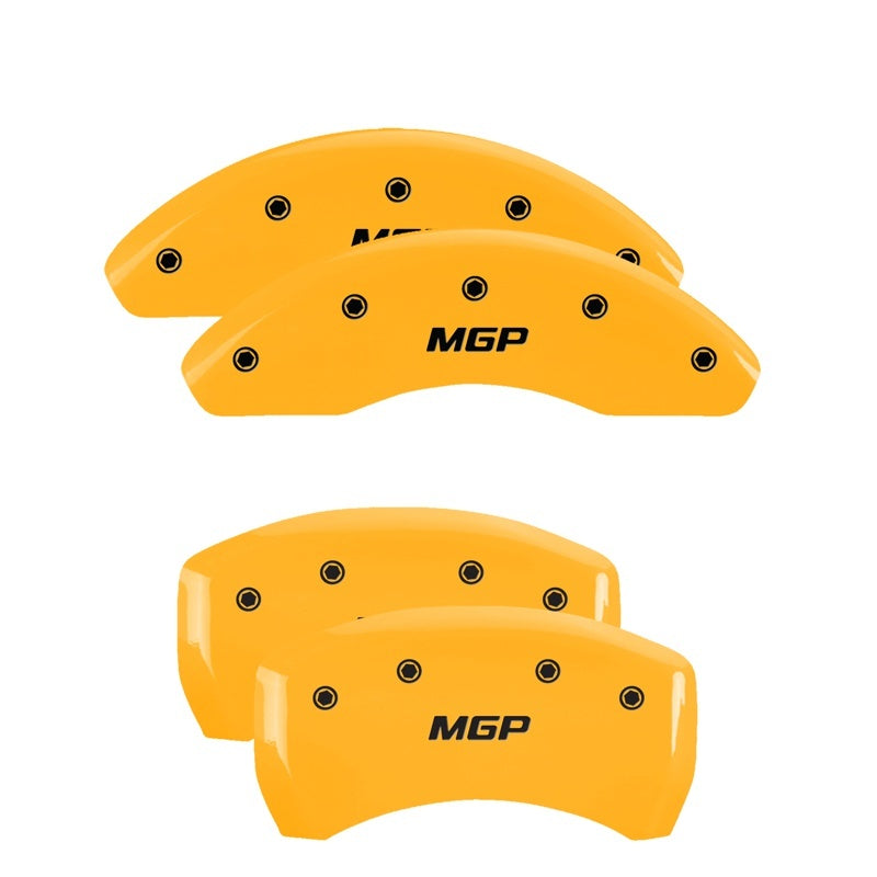 Load image into Gallery viewer, MGP 4 Caliper Covers Engraved Front &amp; Rear Bowtie Yellow finish black ch
