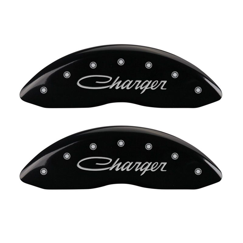 Load image into Gallery viewer, MGP 4 Caliper Covers Engraved Front &amp; Rear Cursive/Charger Black finish silver ch
