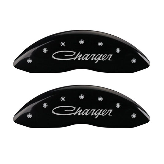 MGP 4 Caliper Covers Engraved Front & Rear Cursive/Charger Black finish silver ch