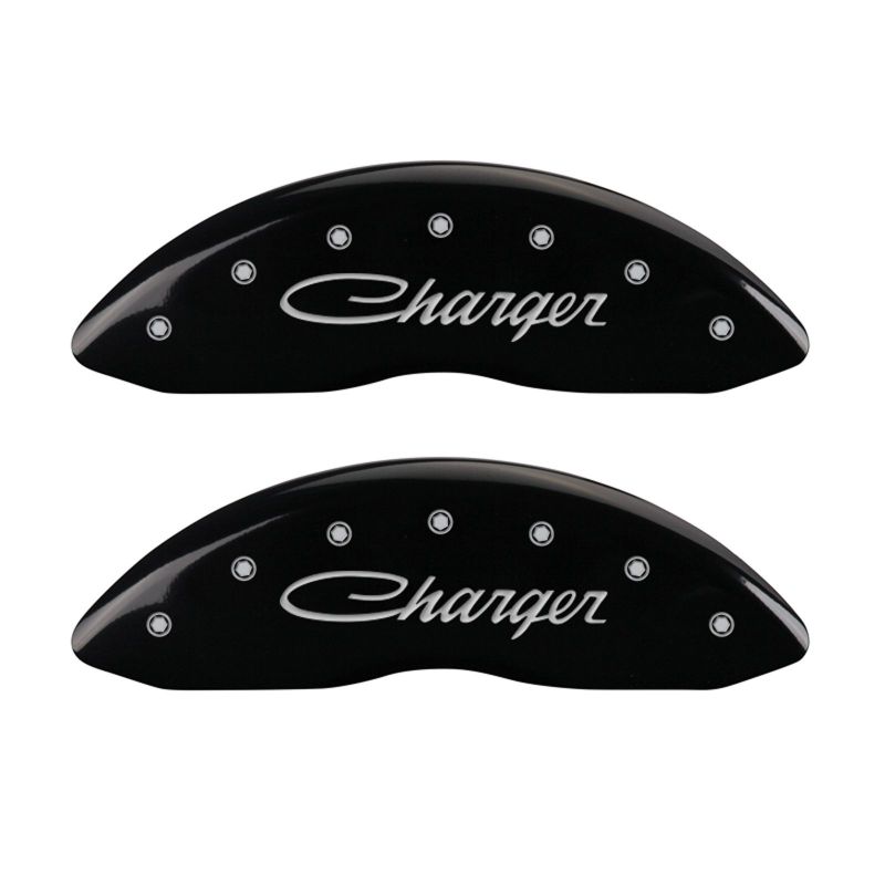 Load image into Gallery viewer, MGP 4 Caliper Covers Engraved Front &amp; Rear Cursive/Charger Black finish silver ch
