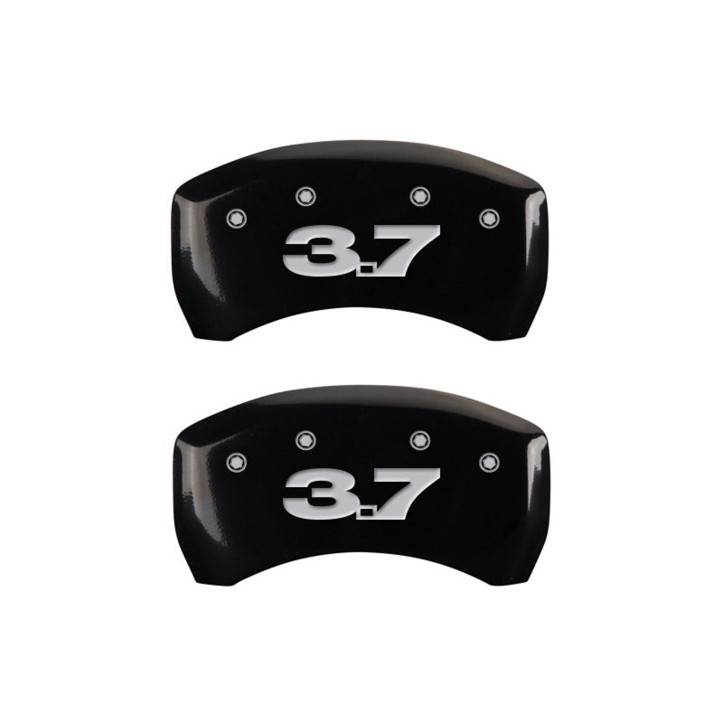 Load image into Gallery viewer, MGP 4 Caliper Covers Engraved Front Mustang Engraved Rear 37 Black finish silver ch
