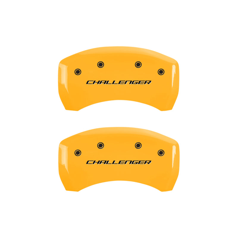 Load image into Gallery viewer, MGP 4 Caliper Covers Engraved Front &amp; Rear Block/Challenger Yellow finish black ch
