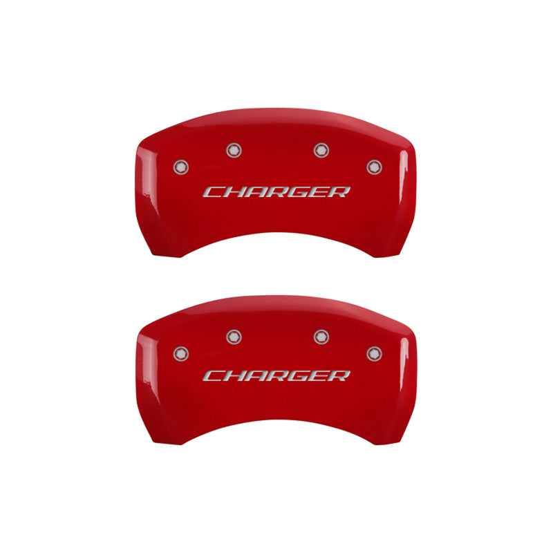 Load image into Gallery viewer, MGP 4 Caliper Covers Engraved Front &amp; Rear Block/Charger Red finish silver ch
