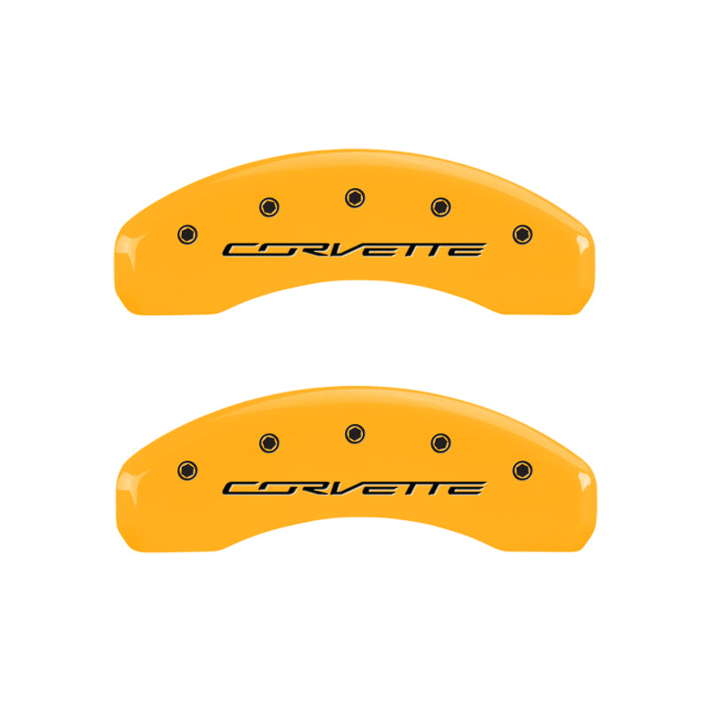 Load image into Gallery viewer, MGP 4 Caliper Covers Engraved Front &amp; Rear C7/Corvette Yellow finish black ch
