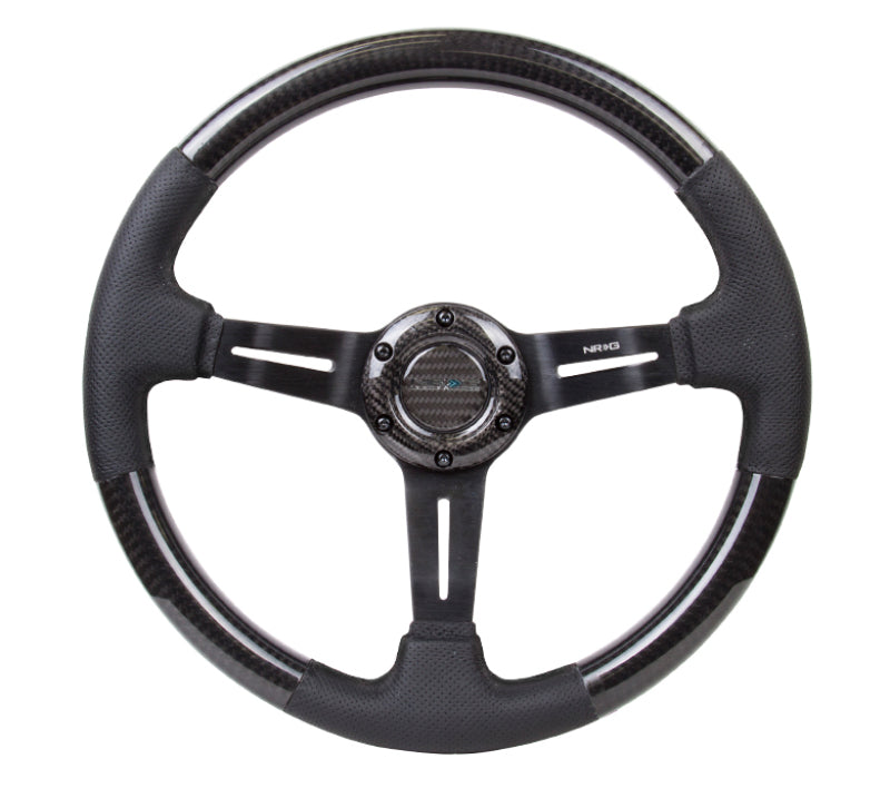 Load image into Gallery viewer, NRG Carbon Fiber Steering Wheel (350mm / 1.5in. Deep) Leather Trim w/Blk Stitch &amp; Slit Cutout Spokes
