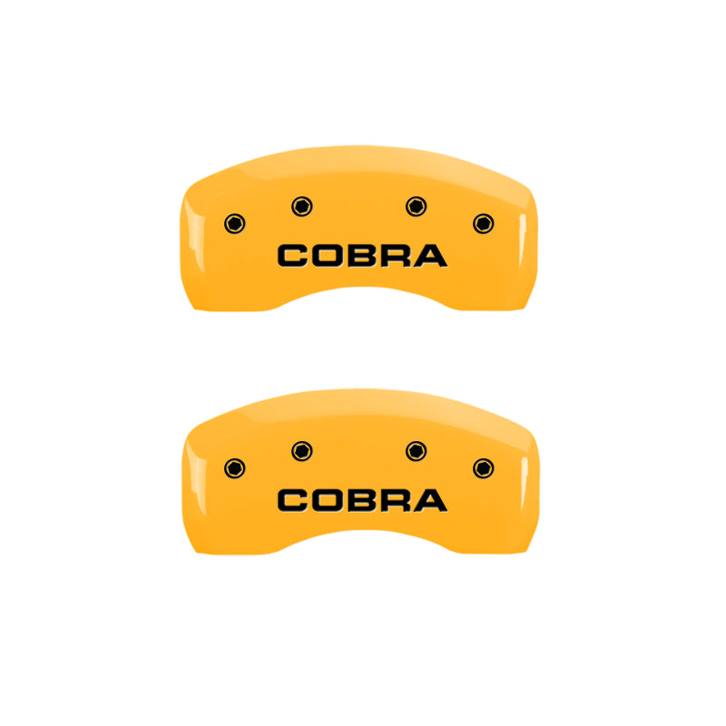 Load image into Gallery viewer, MGP 4 Caliper Covers Engraved Front &amp; Rear Cobra Yellow Finish Black Char 2003 Ford Mustang
