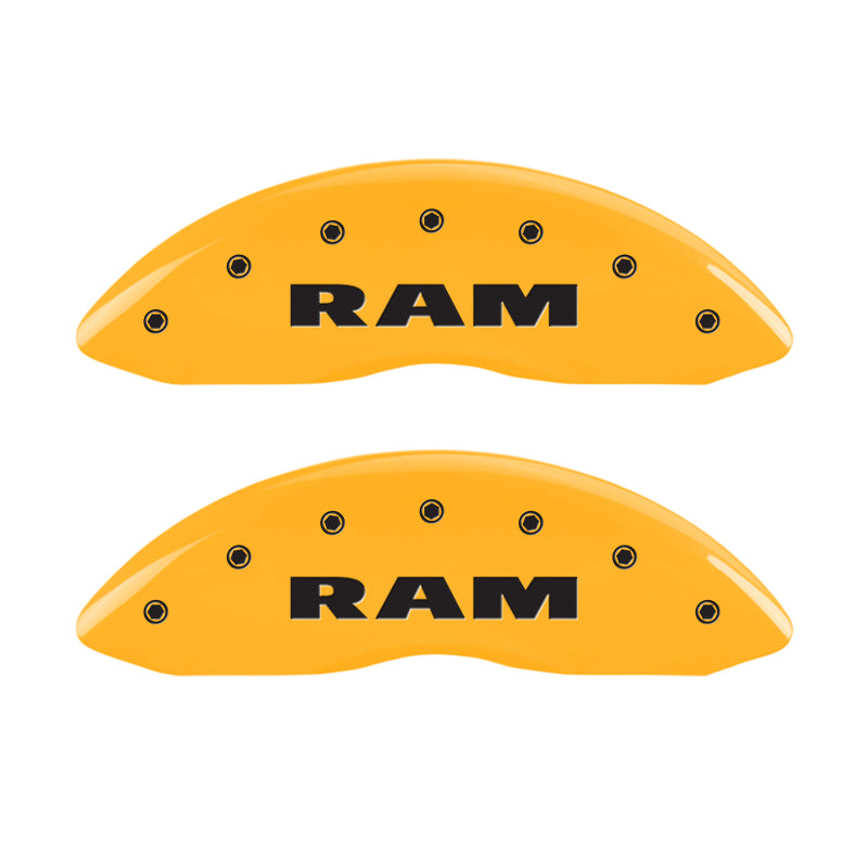 Load image into Gallery viewer, MGP 4 Caliper Covers Engraved Front &amp; Rear Ram Yellow Finish Black Char 2010 Dodge Ram 2500
