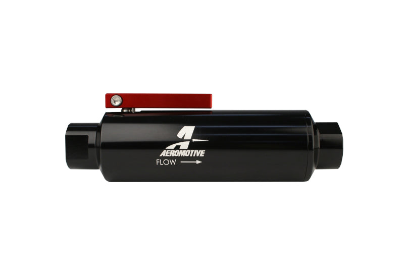 Load image into Gallery viewer, Aeromotive In-Line AN-10 Filter w/Shutoff Valve 100 Micron SS Element - Black Anodize Finish
