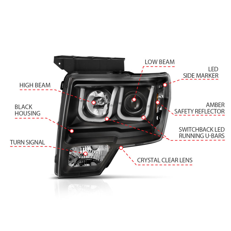 Load image into Gallery viewer, ANZO 2009-2014 Ford F-150 Projector Headlights w/ U-Bar Switchback Black w/ Amber
