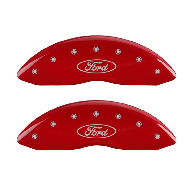 Load image into Gallery viewer, MGP Front set 2 Caliper Covers Engraved Front Oval logo/Ford Red finish silver ch
