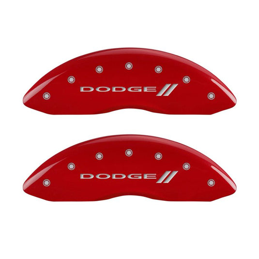 MGP 4 Caliper Covers Engraved Front & Rear With stripes/Dodge Red finish silver ch