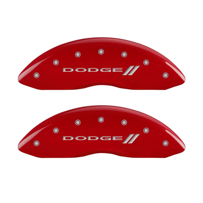 Load image into Gallery viewer, MGP 4 Caliper Covers Engraved Front &amp; Rear With stripes/Dodge Red finish silver ch
