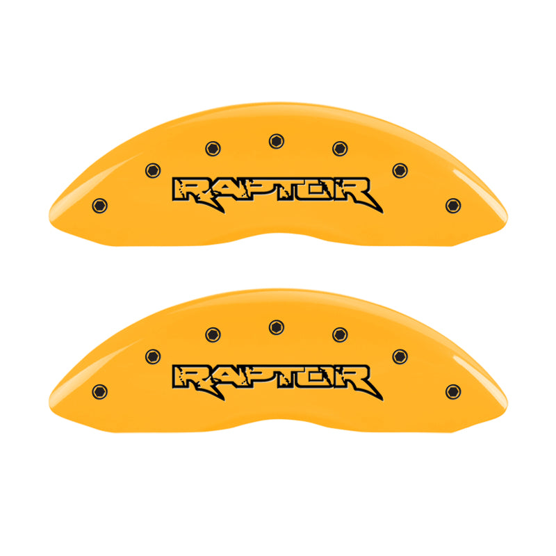 Load image into Gallery viewer, MGP 4 Caliper Covers Engraved Front &amp; Rear Raptor Yellow finish black ch
