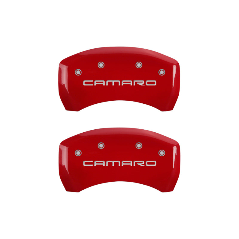 Load image into Gallery viewer, MGP 4 Caliper Covers Engraved Front &amp; Rear Gen 4/Camaro Red finish silver ch
