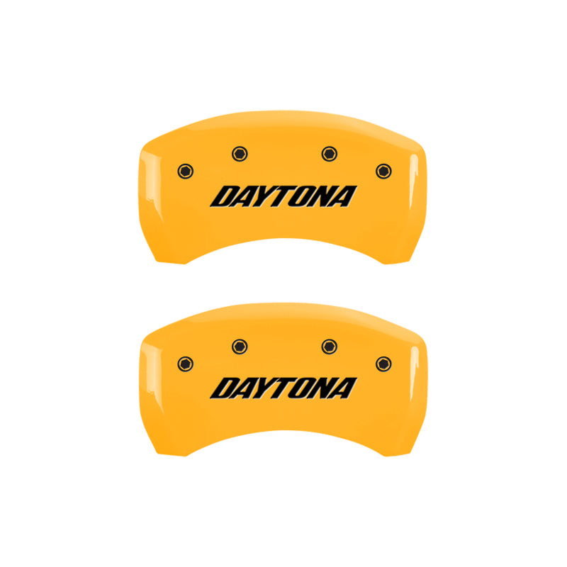Load image into Gallery viewer, MGP 4 Caliper Covers Engraved Front &amp; Rear Daytona Yellow finish black ch
