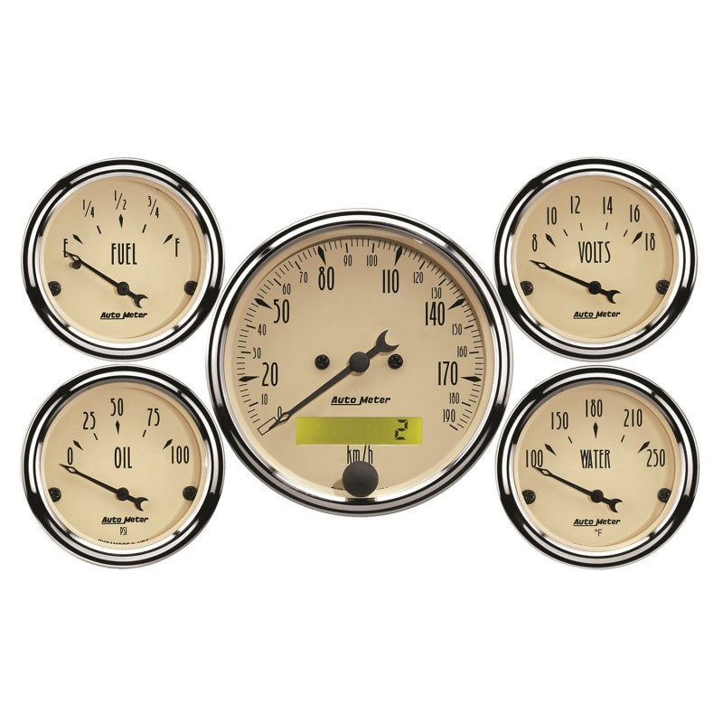 Load image into Gallery viewer, Autometer Antique Beige 5-Gauge Kit 3-1/8in Electrical Speedometer 190KPH
